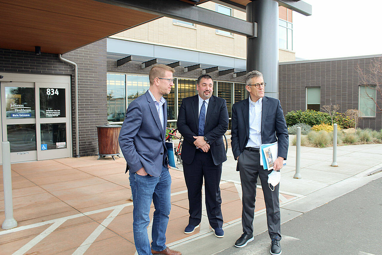 U.S. Rep. Derek Kilmer, D-Gig Harbor, left, visited Jefferson Healthcare in Port Townsend on Friday and met with COO Jacob Davidson, center, and CEO Mike Glenn, right. (Tina Herschelman)