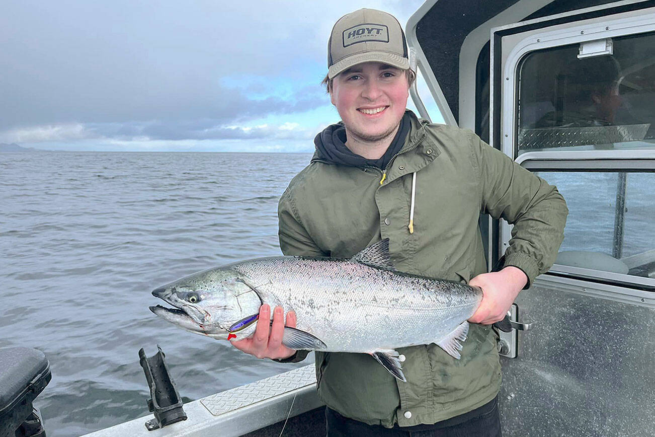 Mitchell Nunnally caught this 14.6-pound blackmouth off Sekiu while using a Flutter King spoon in the Husky Fever finish last Saturday.