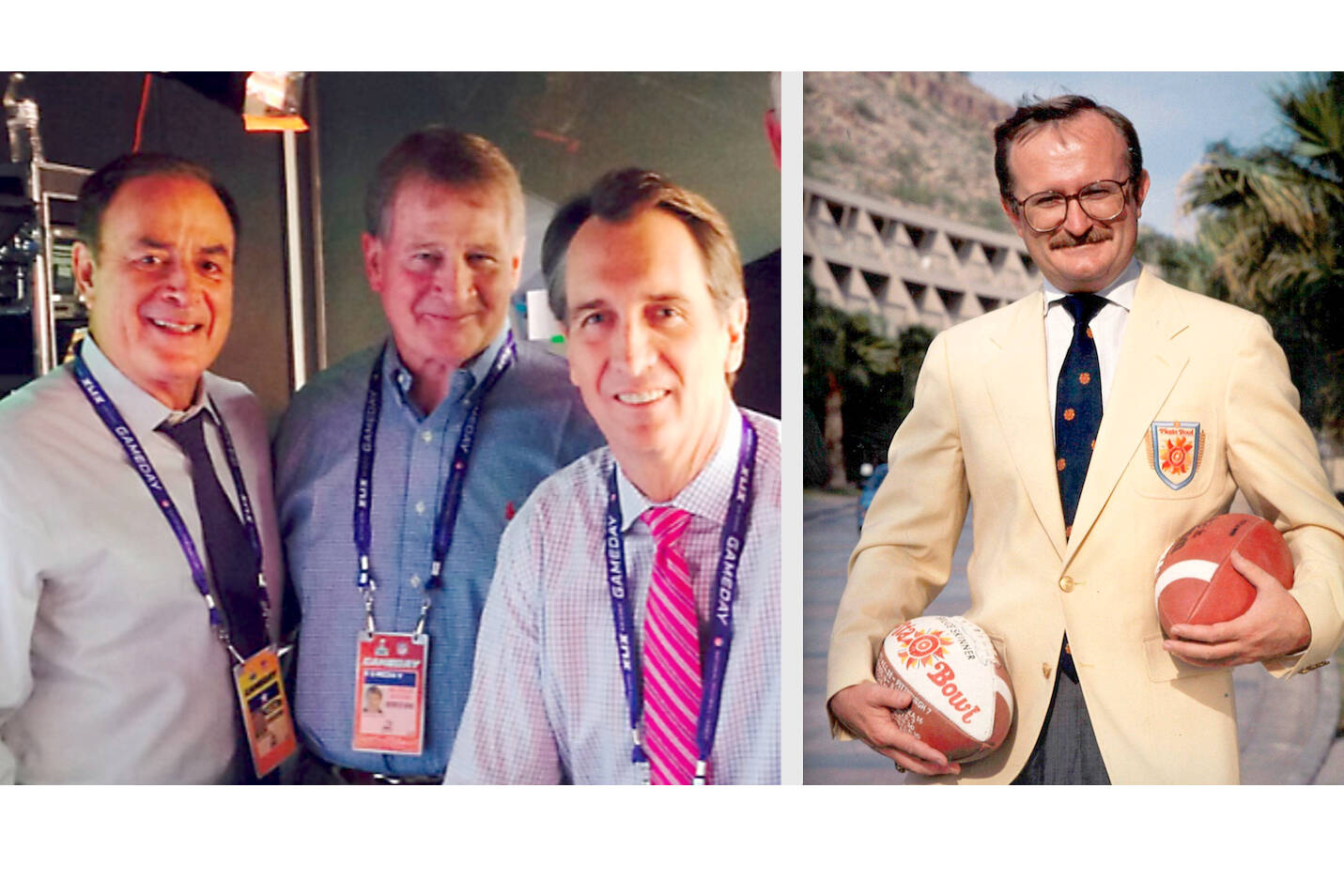Port Angeles’ George Hill worked with NFL broadcasters such as Al Michaels and Cris Collinsworth, while Bruce Skinner, right, was instrumental in helping to turn the Fiesta Bowl into a major New Year’s Day bowl game.