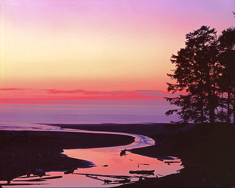 Photo by Ross Hamilton / Sunset from Kalaloch Creek, a photo featured in Ross Hamiltons annual The Olympic Peninsula calendar in 2019.