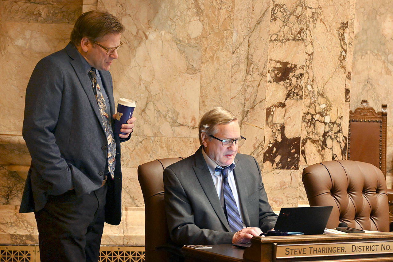 State Reps. Mike Chapman, left, and Steve Tharinger confer during a break in legislative proceedings. (Paul Gottlieb/for Peninsula Daily News)