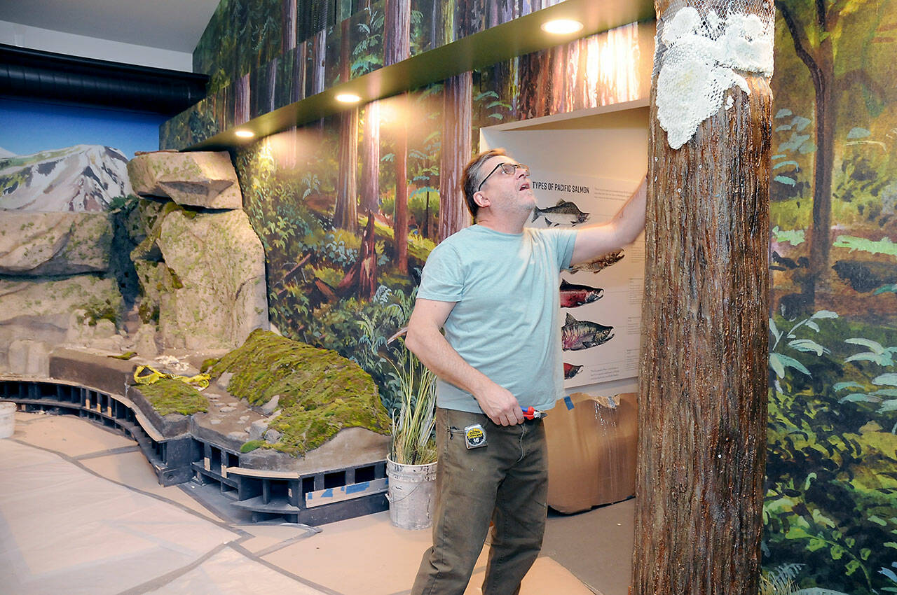 Hal Peterson, a co-owner of Ballard-based Mach 2 Arts, works on a fabricated tree on Wednesday that will become part of a mountains-to-sea diorama of regional landscapes at the Dungeness River Nature Center at Railroad Bridge Park in Sequim. (Keith Thorpe/Peninsula Daily News)