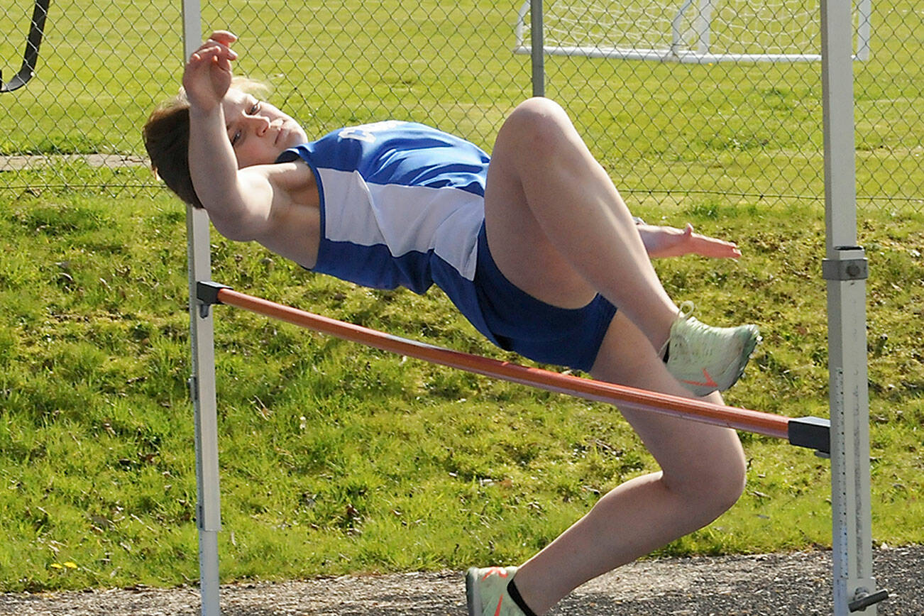 KEITH THORPE/PENINSULA DAILY NEWS
Crescent's Alexis Dunavant clears the bar at 4 feet 2 inches during Wednesday's three-way meet in Joyce.