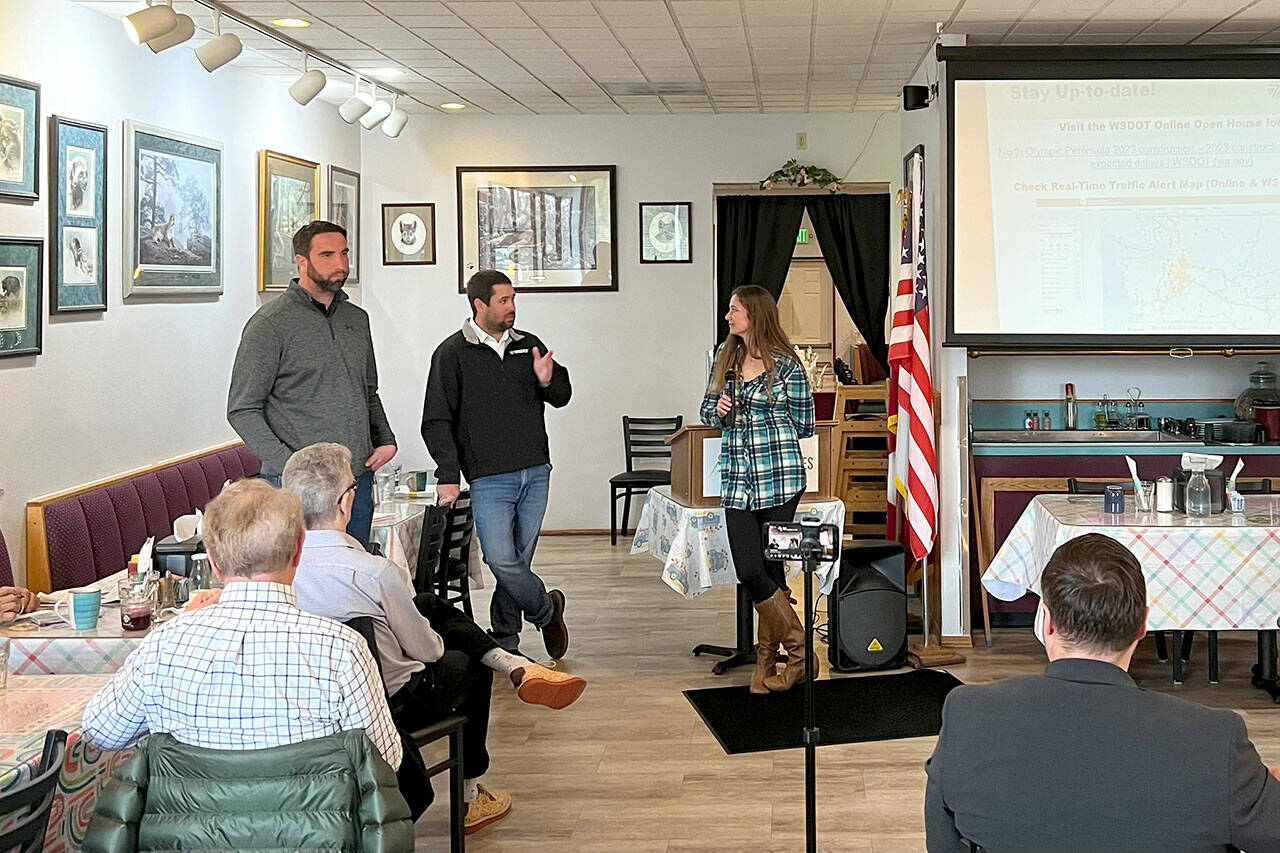 State Department of Transportation officials, from left, Ben Ford, Brian Whitehouse and Piper Petit address a meeting of the Port Angeles Business Association on Tuesday. (Peter Segall / Peninsula Daily News)