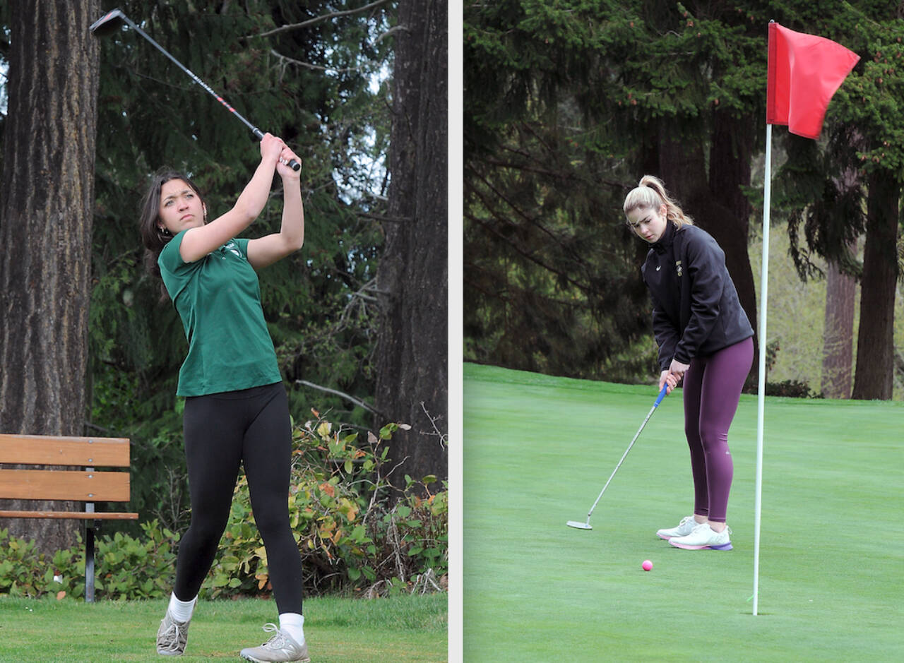 Left, Piper Williams of Port Angeles takes her tee shot on the 16th hole of Peninsula Golf Course in Port Angeles during Tuesday's Duke Streeter Memorial Invitational. Right, Ava Johnson of Sequim putts on the 14th green during Tuesday's Duke Streeter Memorial Invitational Tournament at Peninsula Golf Course in Port Angeles. (KEITH THORPE/PENINSULA DAILY NEWS)
