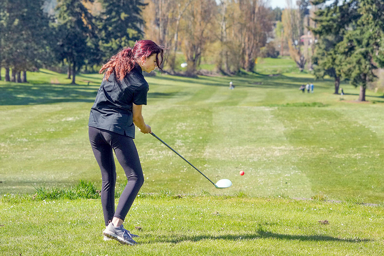 Steve Mullensky/for Peninsula Daily News
East Jefferson's Sophie Heistand tees off on the first hole during the Port Townsend Invitational Golf Tournament held at Port Townsend Golf Course on Thursday.