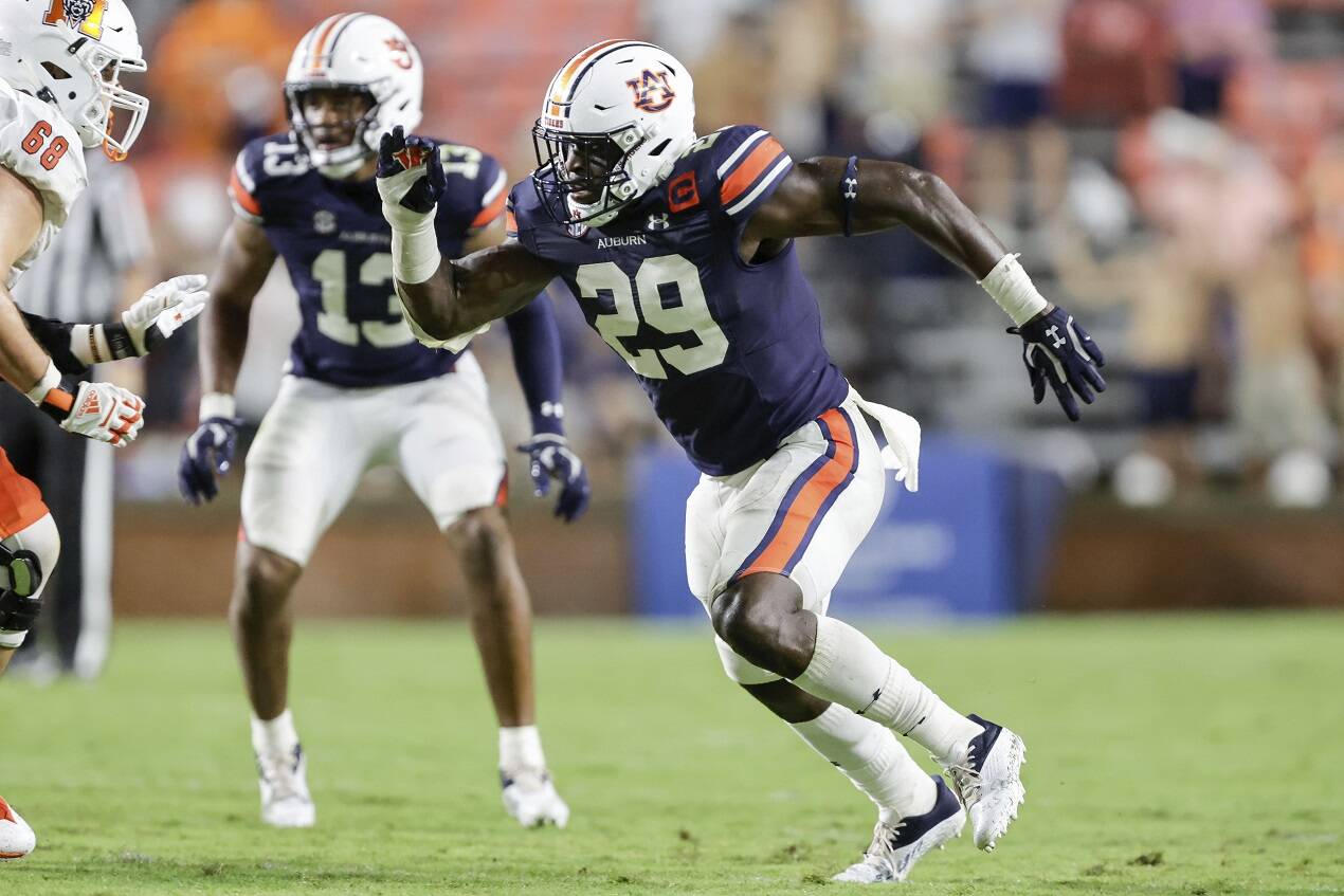 Auburn’s Derick Hall (29) defends during the second half of an NCAA football game against Mercer on Saturday, Sept. 3, 2022, in Auburn, Ala. (AP Photo/Stew Milne)