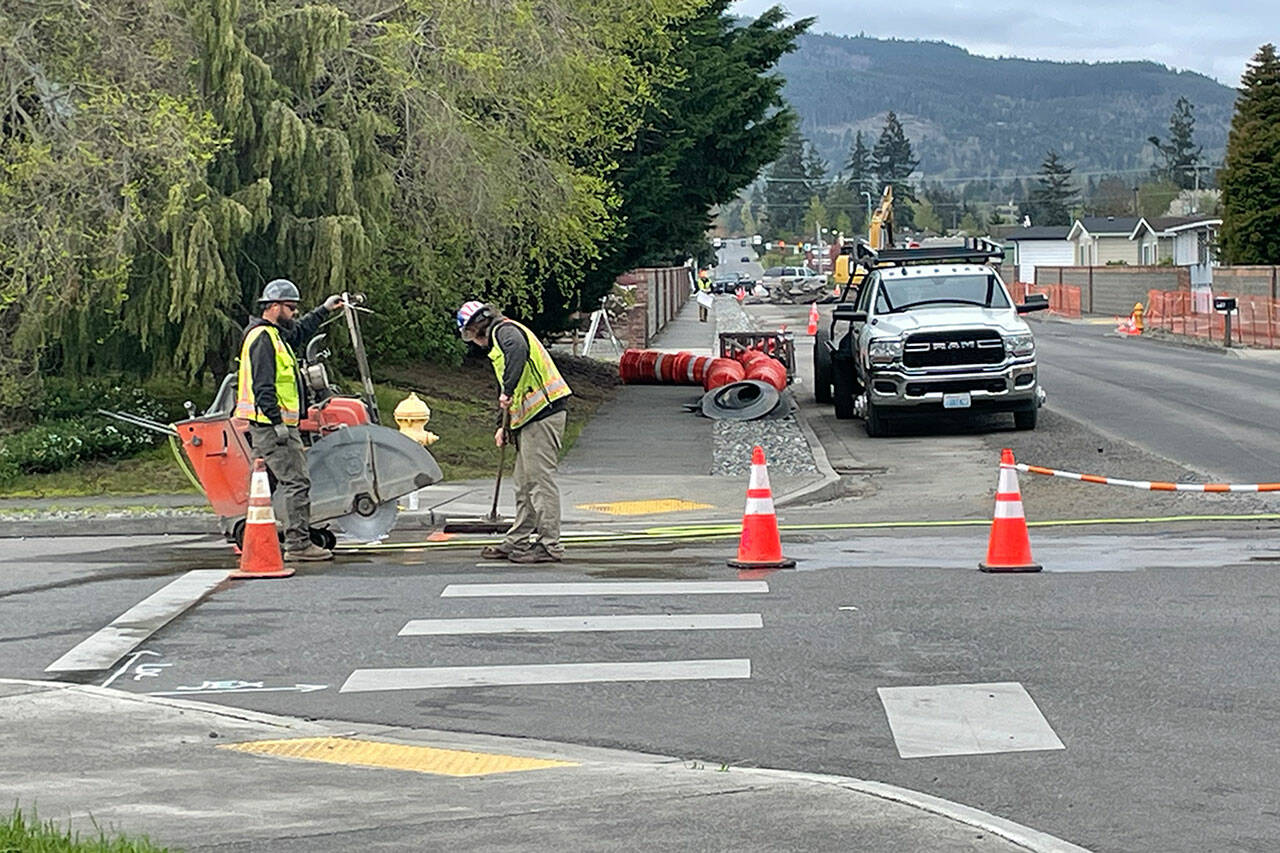 Road work began again on Monday along North Seventh Avenue in Sequim and is expected to continue weekdays through mid-June, weather permitting. (Matthew Nash/Olympic Peninsula News Group)