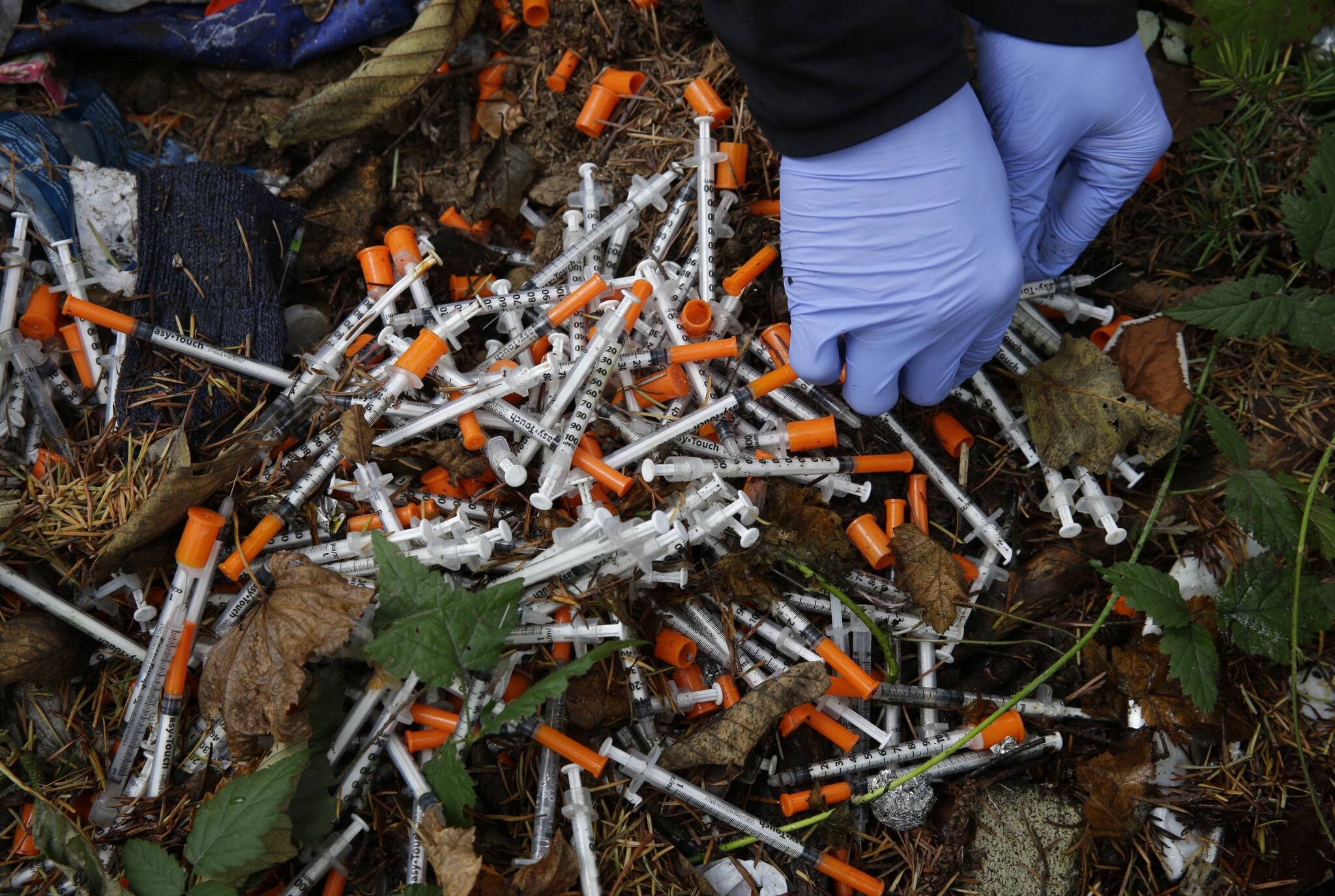 A volunteer cleans up needles used for drug injection that were found at a homeless encampment in Everett on Nov. 8, 2017. A temporary law that makes possession of small amounts of drugs a misdemeanor expires on July 1, so if lawmakers fail to pass a bill, Washington would become the second state — after neighboring Oregon — to decriminalize drug possession. Lawmakers said Tuesday they were increasingly optimistic a compromise will be reached to avoid those consequences. (Ted S. Warren/The Associated Press, file)