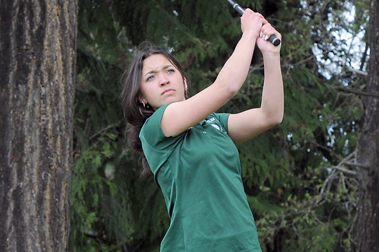 Piper Williams of Port Angeles takes her tee shot on the 16th hole at Peninsula Golf Club in Port Angeles during the Duke Streeter Memorial Invitational on April 25. (Keith Thorpe/Peninsula Daily News)
