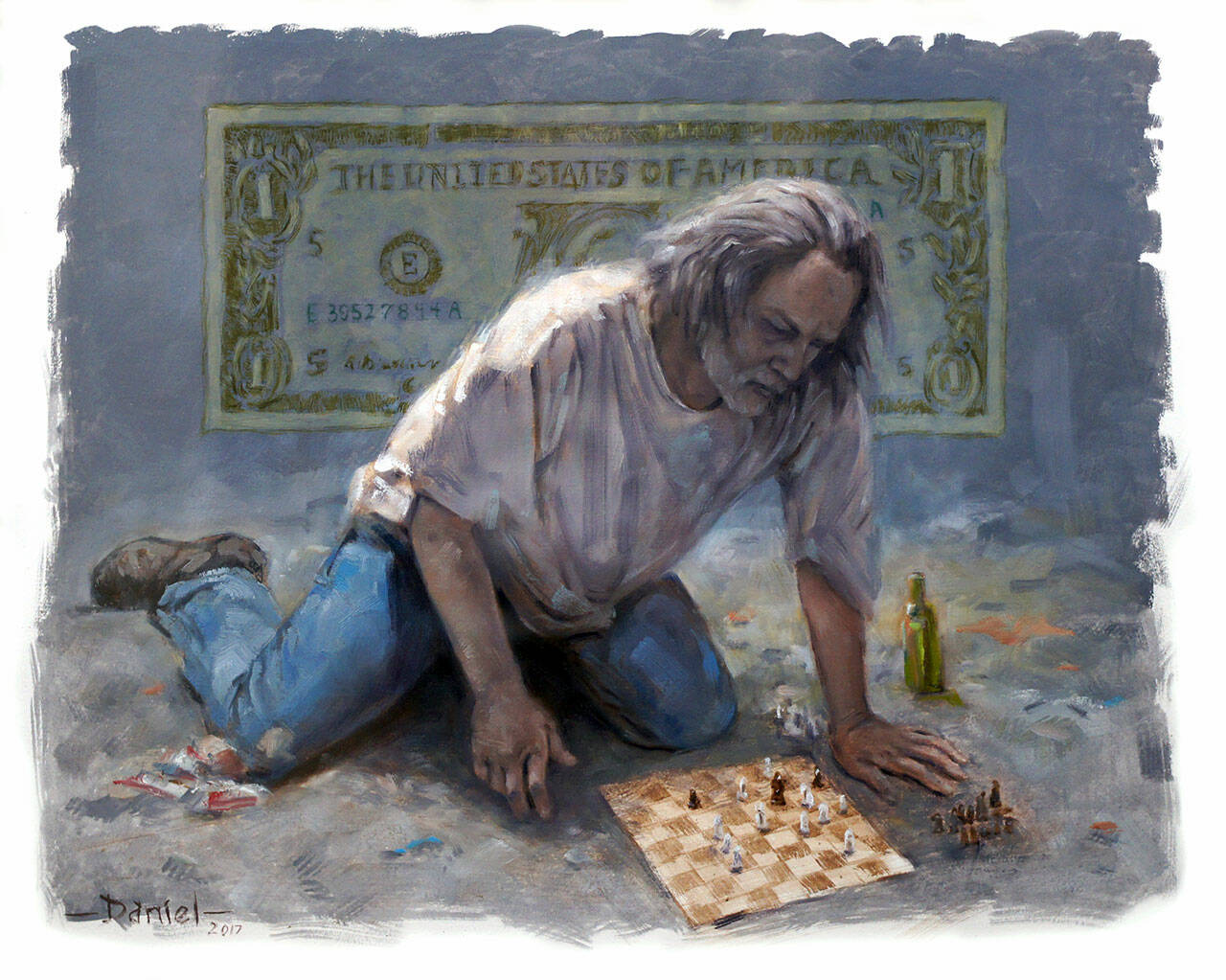 “Checkmate,” by Daniel Miller, is among his show “Invisible Neighbors-Paintings of the Homeless.”