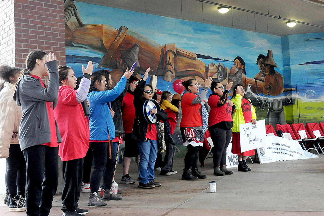 KEITH THORPE/PENINSULA DAILY NEWS
Singers from the Lower Elwha Klallam Tribe and others sing during a commemoration of National Day of Awareness for Missing and Murdered Indigenous Women and Girls on Friday at The Gateway in downtown Port Angeles.