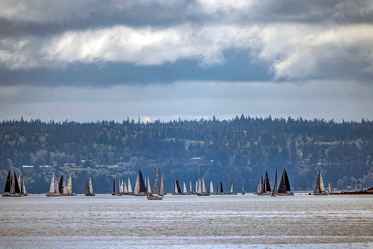 Sailboats bob along in light winds as they approach Marrowstone Point on the second leg, Sunday, of the annual Race to the Straits regatta from Shilshole to Port Townsend put on by the Sloop Tavern Yacht Club in Ballard. (Steve Mullensky/for Peninsula Daily News)