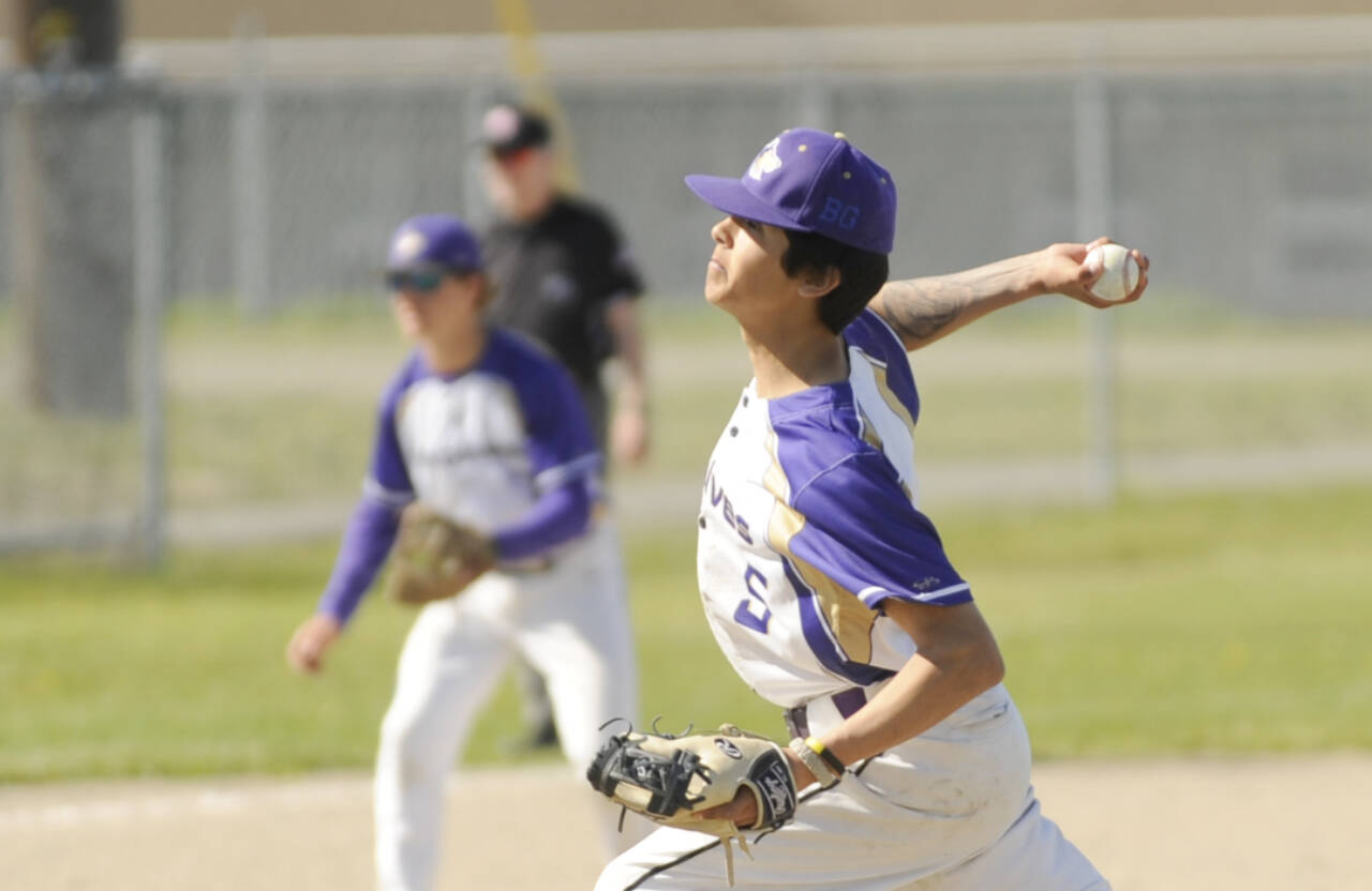 Sequim’s Toppy Robideau pitches against Franklin Pierce on Tuesday in Sequim. The Wolves lost their district playoff game 12-2 but finished the season with a winning record at 11-10. (Michael Dashiell/Olympic Peninsula News Group)