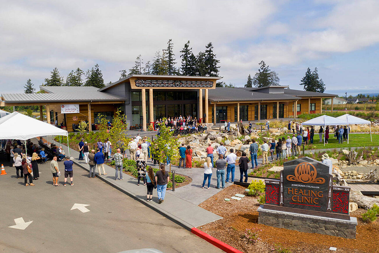 Tribal members, staff and advocates gather for the Jamestown Healing Clinic’s grand opening ceremony on Aug. 20, 2022. Tribal leaders say they plan to construct an adjacent $26 million, 16-bed psychiatric evaluation and treatment facility to help people in crisis, i.e. threatening to harm themselves or others. (John Gussman)