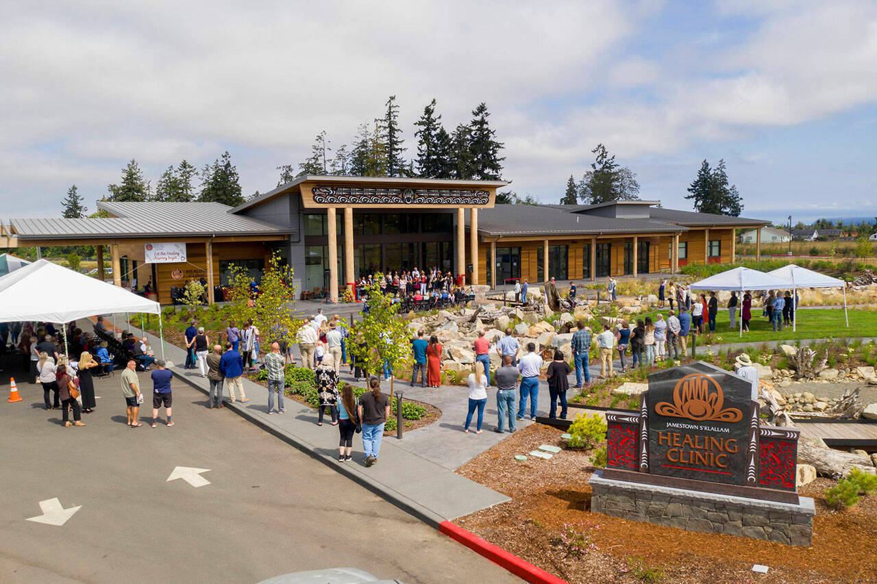 Tribal members, staff and advocates gather for the Jamestown Healing Clinic’s grand opening ceremony on Aug. 20, 2022. Tribal leaders say they plan to construct an adjacent $26 million, 16-bed psychiatric evaluation and treatment facility to help people in crisis, i.e. threatening to harm themselves or others. (John Gussman)