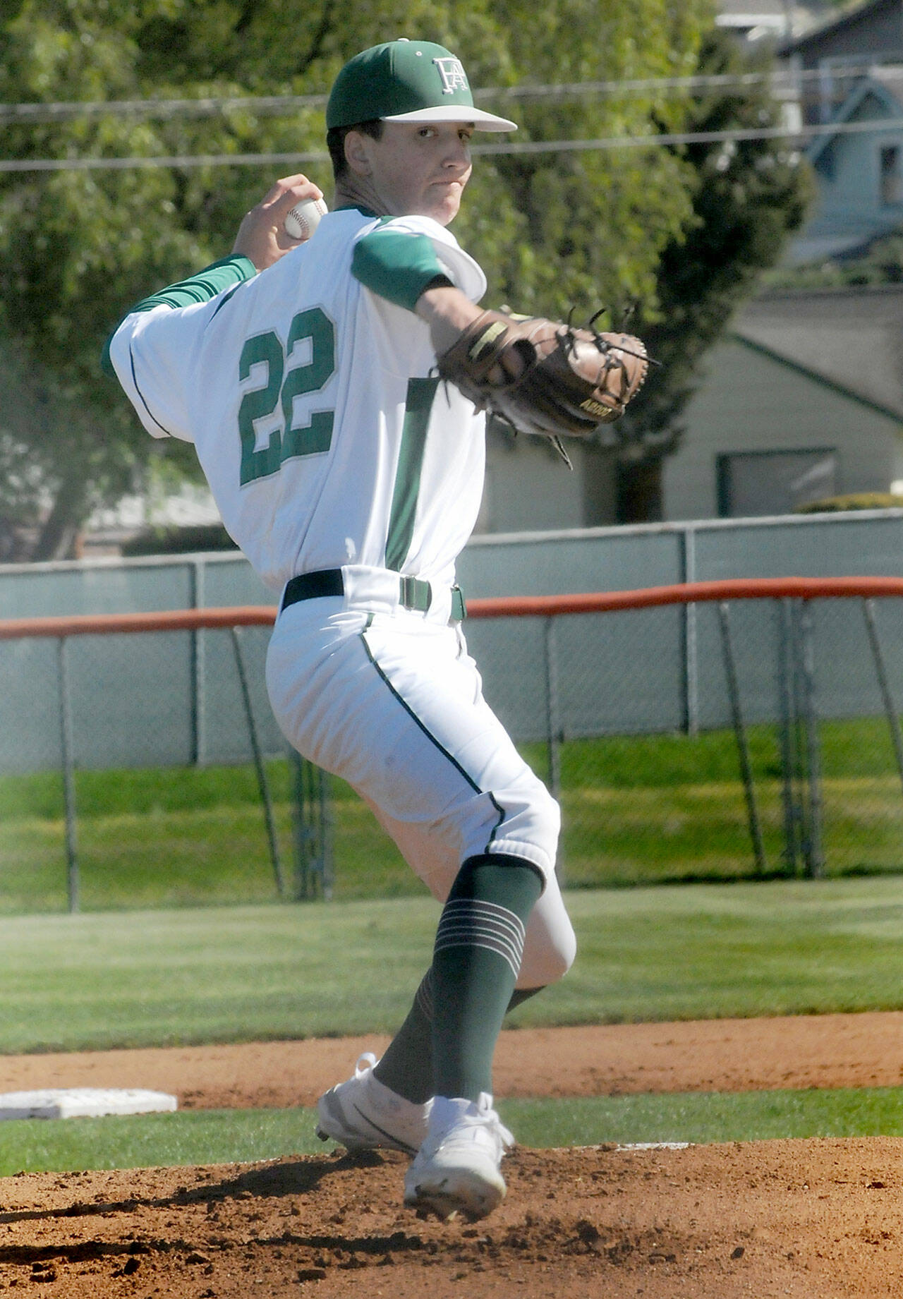 KEITH THORPE/PENINSULA DAILY NEWS Port Angeles’ pitcher Rylan Politika throws in the first inning against Franklin Pierce on Wednesday at Port Angeles Civic Field.