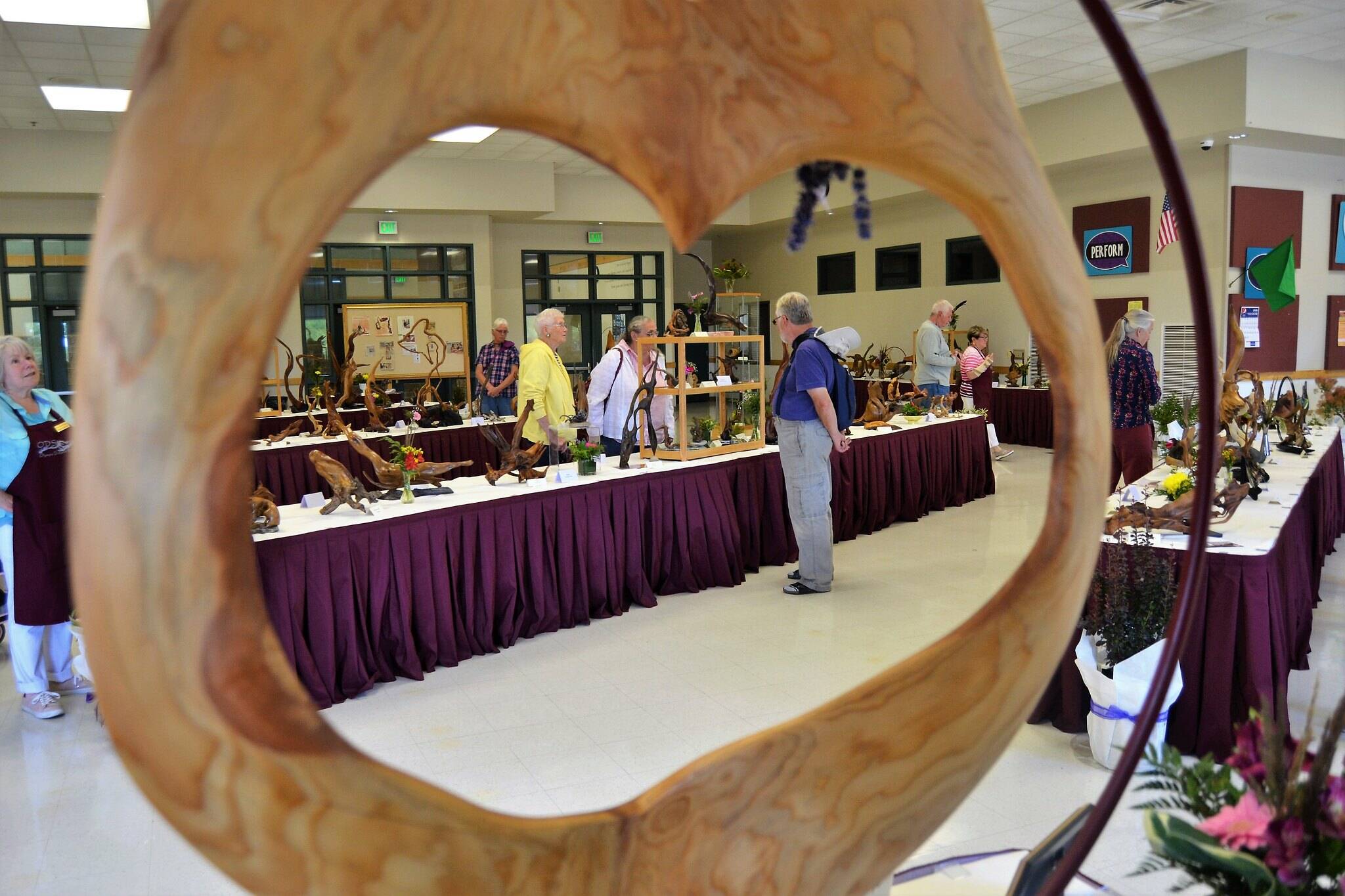 Olympic Driftwood Sculptors will move the club’s show from Sequim Middle School, seen here in 2018, to the Dungeness River Nature Center. More than 70 driftwood art pieces will be on display. (Matthew Nash/Olympic Peninsula News Group)