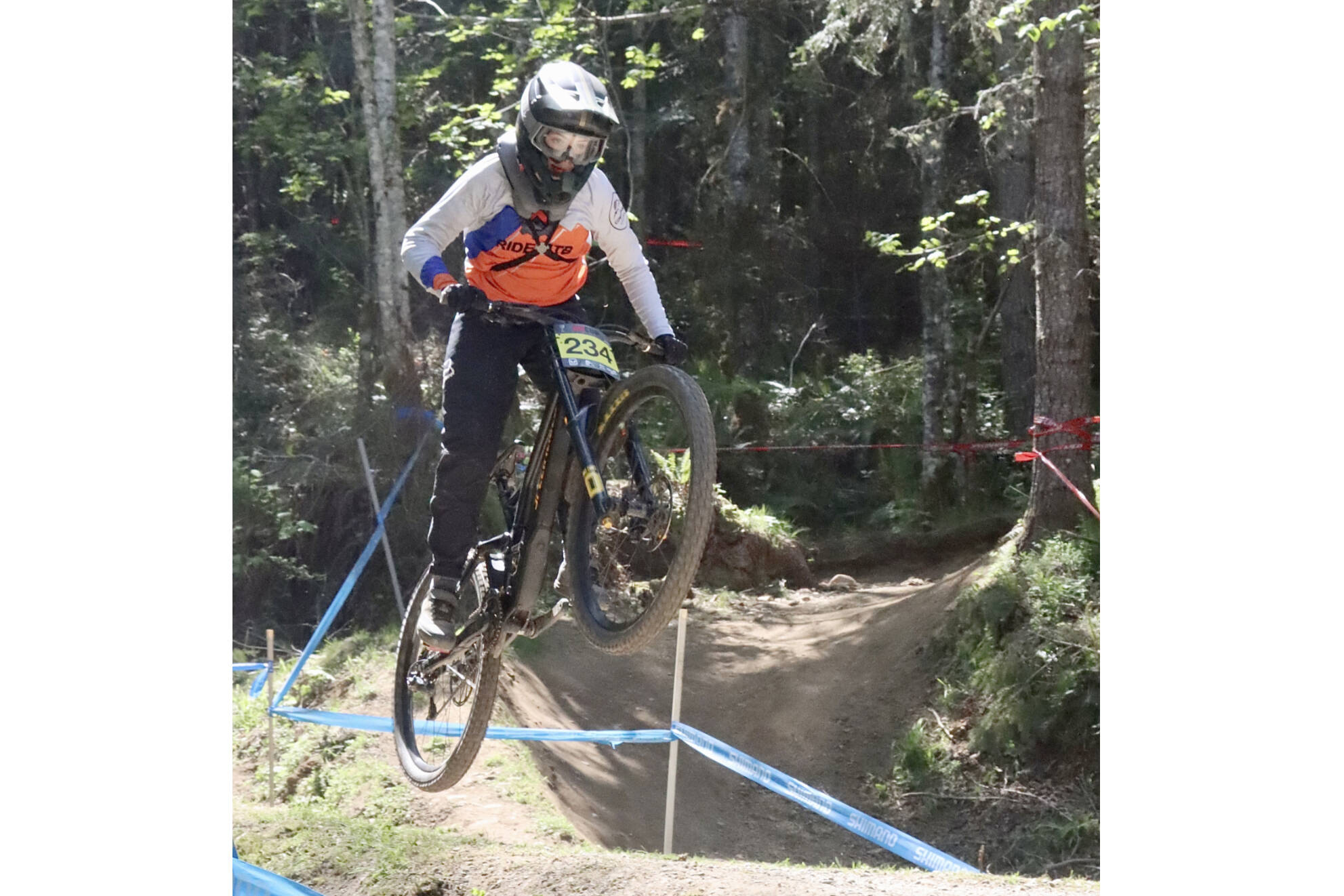 Ollie Thibault of Shawnigan Lake, B.C., competes in the NW Cup mountain biking downhill race at Dry Hill on Sunday. More than 500 racers took up the challenge on the Dry Hill courses this weekend. (Dave Logan/for Peninsula Daily News)