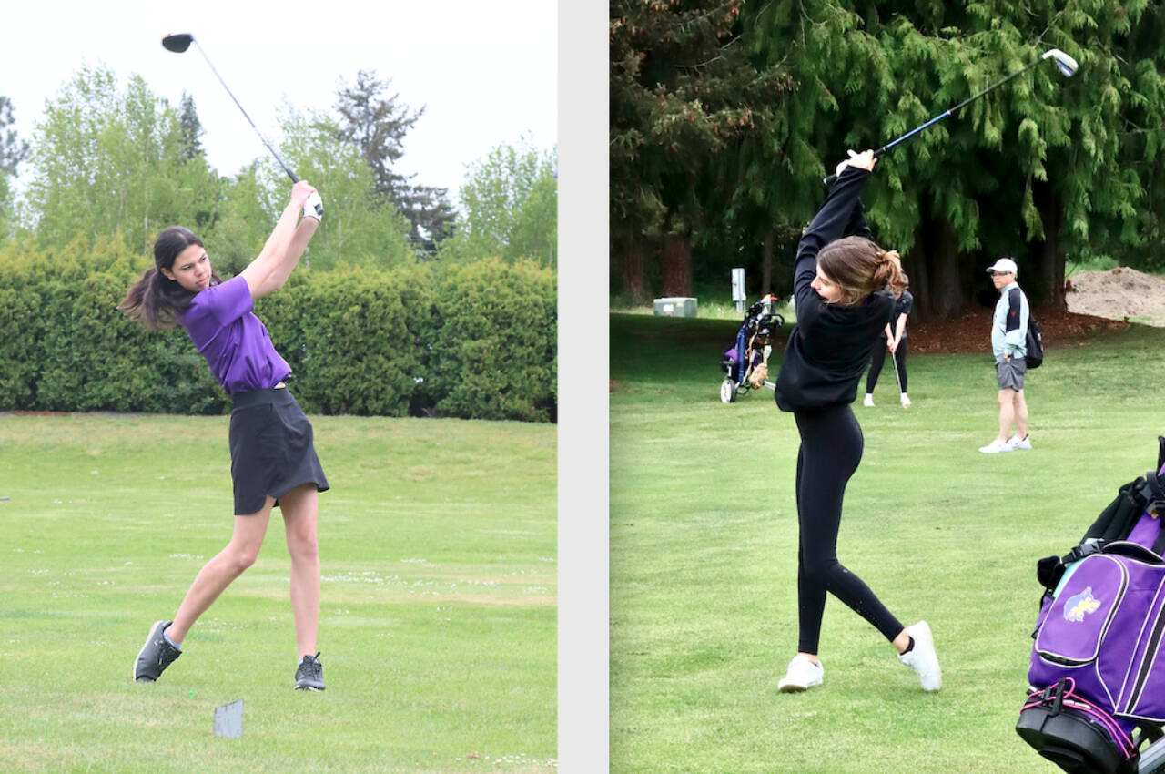 Left, Emily Post of Sequim hits a tee shot at the district golf tournament held at Cedars at Dungeness on Tuesday. Right, Sara German of Sequim hits a fairway shot at the district golf tournament. (Dave Logan/for Peninsula Daily News)