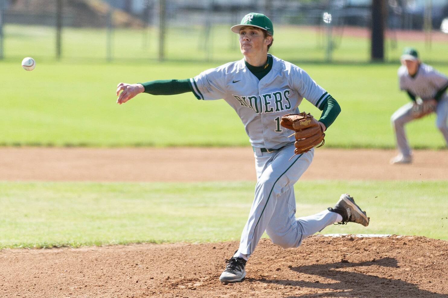 Alec Dietz/The Chronicle
Port Angeles’ Kole Acker releases a pitch against W.F. West in the opening round of state in Chehalis on Saturday.