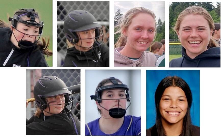 Olympic Peninsula players named to the Olympic League all-league first team. Clockwise, upper left, Hannah Bates, Sequim; Mia Pozernick, Sequim; Natalie Robinson, Port Angeles; Lily Halberg, Port Angeles; Lexi King, Sequim; Lainey Vig, Sequim; Taylee Rome, Sequim.