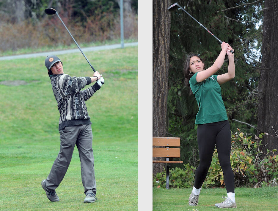 Keith Thorpe/Peninsula Daily News
Port Angeles' Phoenix Flores, left, placed 34th at the state 2A golf championships while PA's Piper Williams finished 17th in the girls 2A state championship.