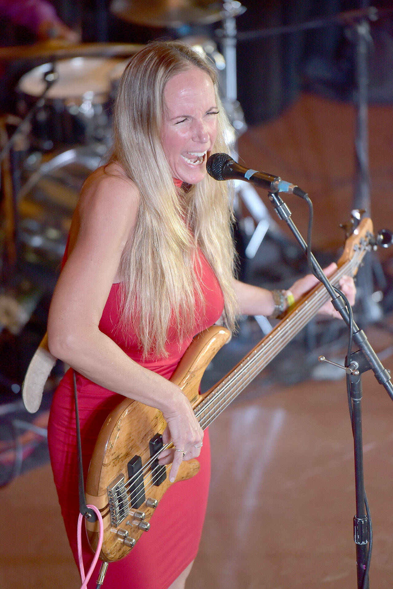 Blues bassist Anni Piper, Australia-born but based in Portland, Ore., takes the stage at the Naval Elks Club in Port Angeles, one of Saturday’s venues of the Juan de Fuca Festival. (Keith Thorpe/Peninsula Daily News)