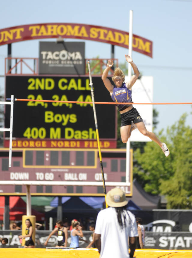 Sequim’s Mirek Skov cleared 14-0 in the pole vault at the state 2A track and field championships at Mount Tahoma High School to finish second in the state. (Michael Dashiell/Olympic Peninsula News Group)