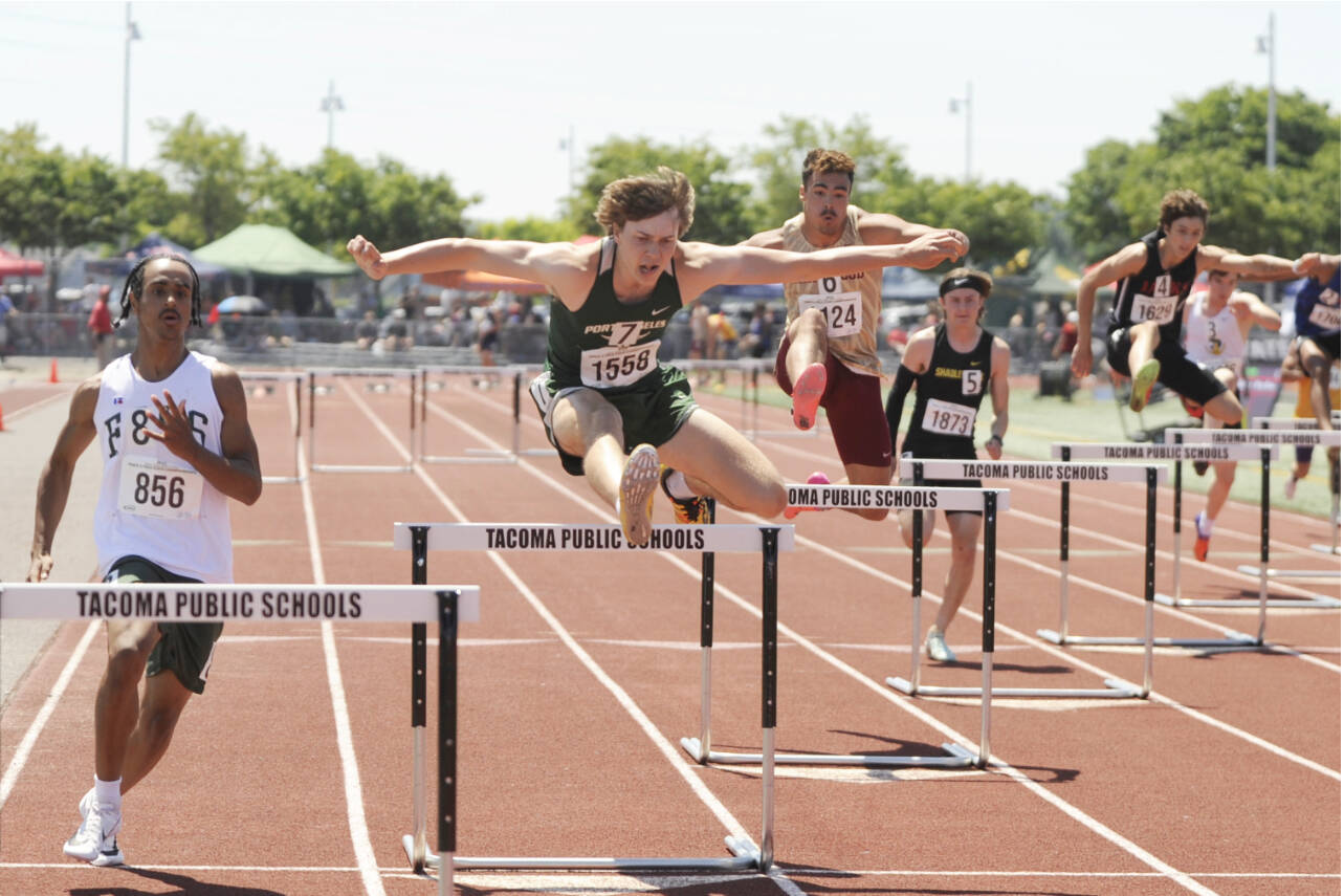 Port Angeles’ Parker Nickerson was seventh in the 300-meter hurdles at the 2A state track and field championship at Mount Tahoma High School. (Michael Dashiell/Olympic Peninsula News Group)