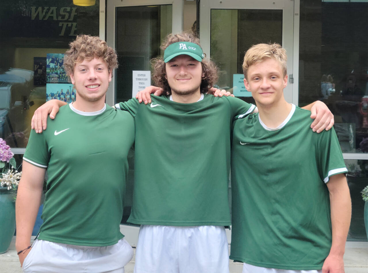 From left, Port Angeles singles player Reef Gelder and the doubles team of Edun Bailey and Jacob Miller, qualified for the state 2A tennis tournament. Gelder finished sixth while Bailey and Miller won a match. (Courtesy photo)