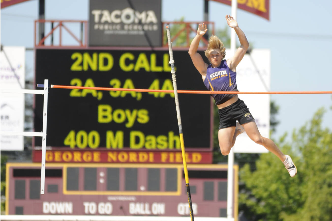 Sequim’s Mirek Skov finished second in the pole vault with a height of 14 feet, 0 inches at the state 2A track and field championships held Saturday in Tacoma. (Michael Dashiell/for Peninsula Daily News)