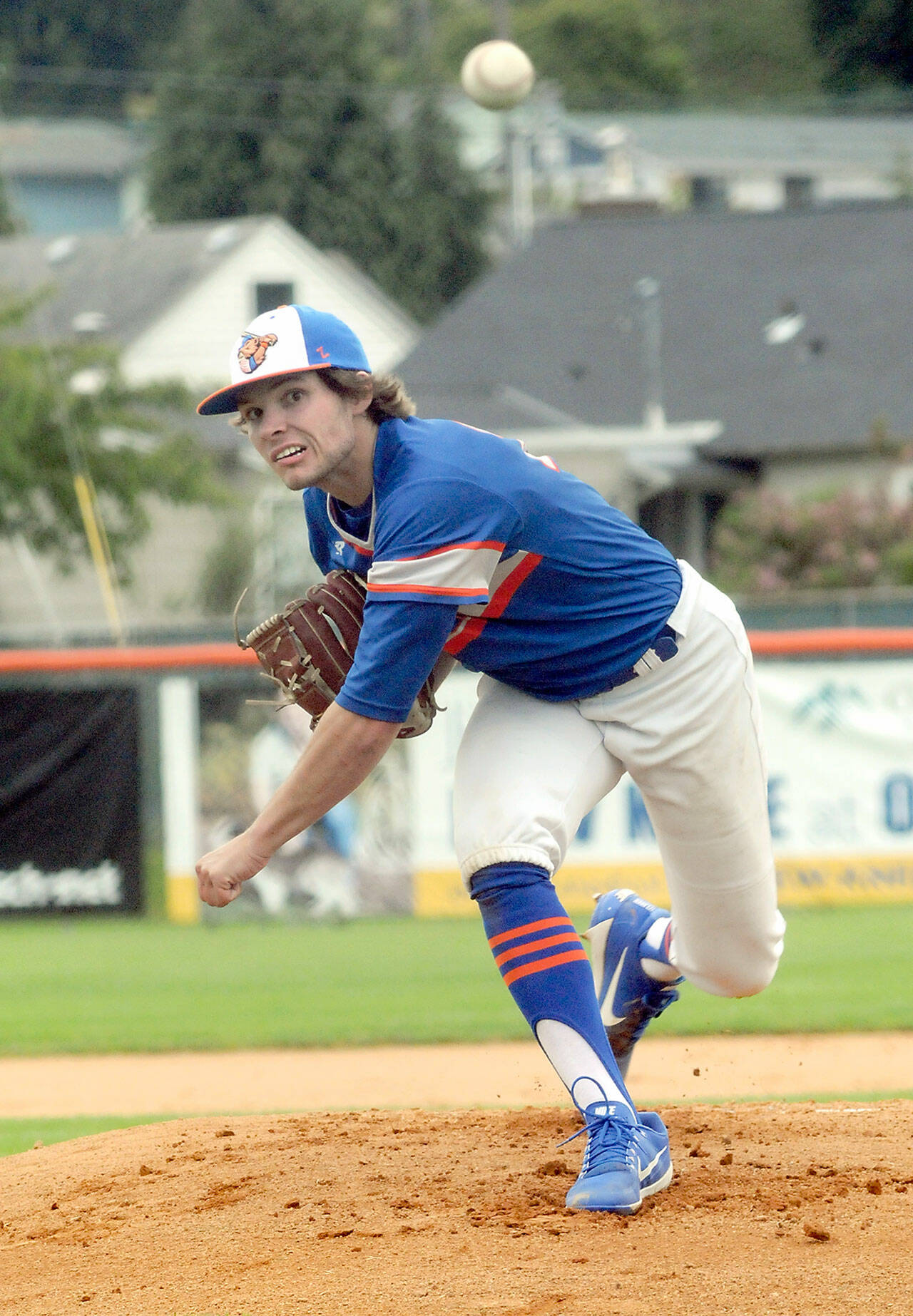 Lefties pitcher Dillon Dibrell throws in the first inning in the first game of a doubleheader against Kamloops in 2022 at Port Angeles Civic Field. (Keith Thorpe/Peninsula Daily News)