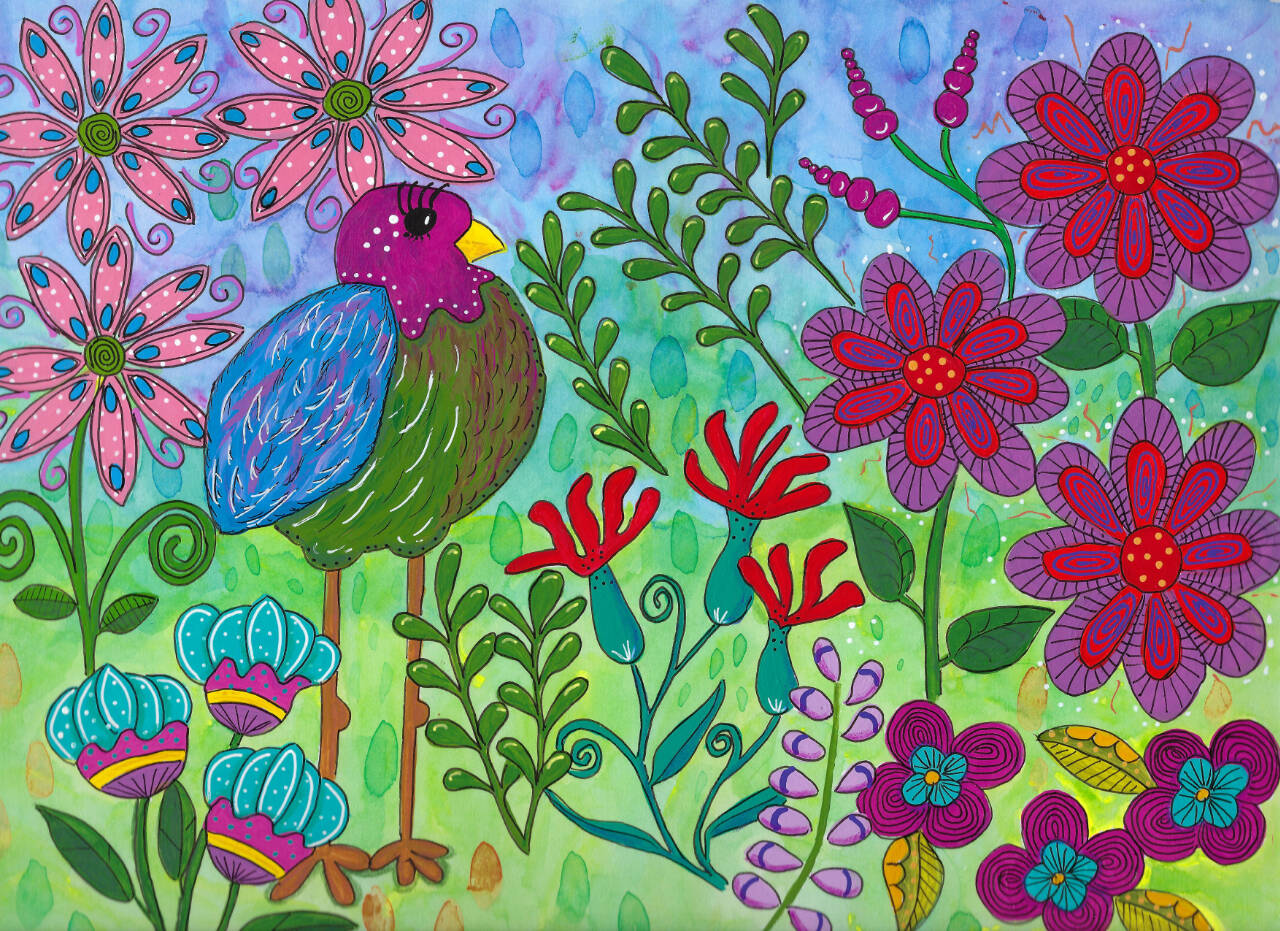 “Mindy in Flowers” by Jean Wyatt can be seen at Forage Gifts & Northwest Treasures during the First Friday Art Walk. (Artwork courtesy of Jean Wyatt)