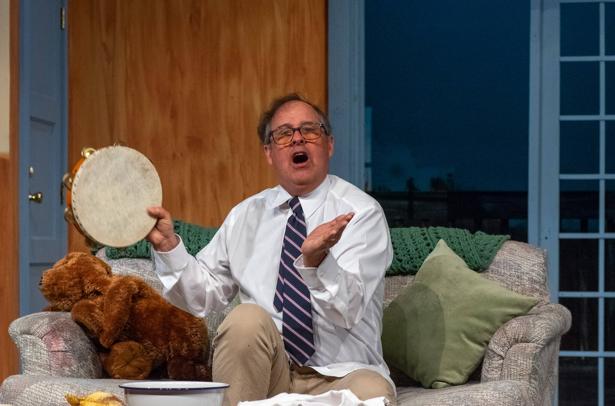 David Herbelin, cast as “The Nerd” in the upcoming Olympic Theatre Arts production, doesn’t hold back with the physical comedy in a play that has kept the cast and crew laughing through eight weeks of rehearsals. (Emily Matthiessen/Olympic Peninsula News Group)