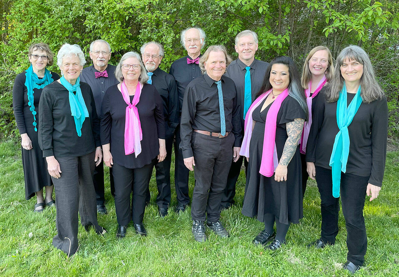 The Wild Rose Chorale, an a cappella singing group based in Port Townsend since 1992, performs concerts at 7 p.m. Friday and Sunday at Grace Lutheran Church. Current personnel are (from left) JES Schumacher, Patricia Nerison, Al Thompson, Lynn Nowak, Mark Schecter, Rolf Vegdahl, Doug Rodgers, Chuck Helman, Cherry Chenruk-Geelan, Sarah Gustner-Hewitt, and Leslie Lewis. (photo by John Nowak)