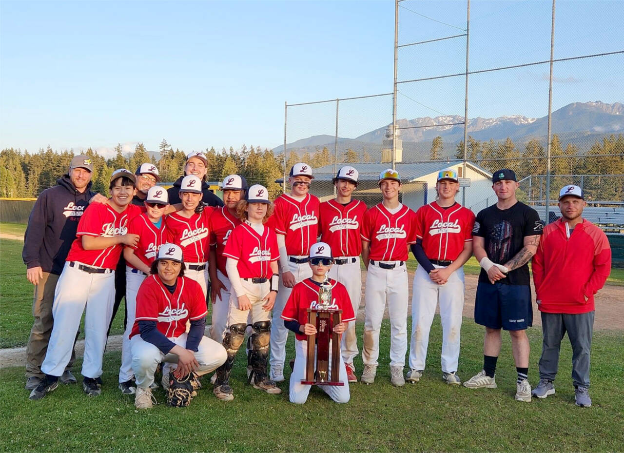 Local 155 is the winner of the Olympic Junior Babe Ruth Don Mudd regular season Champions Trophy with record of 11-1. From left, are coach Kelly Perry, Isaac Charles, coach Mike Mudd, Ethan Barbre, Felix Gonzales, coach Seth Scofield, Lance Moore, Carson Waddell, Brandt Perry, Bryce Deleon, Ian Smithson, Jaron Tolliver, coach Jackson Alvord and coach Travis Waddell. From row, from left, are Chris Jaynes and Alki Ross. Not pictured is coach Tanner Bray. (Courtesy photo)
