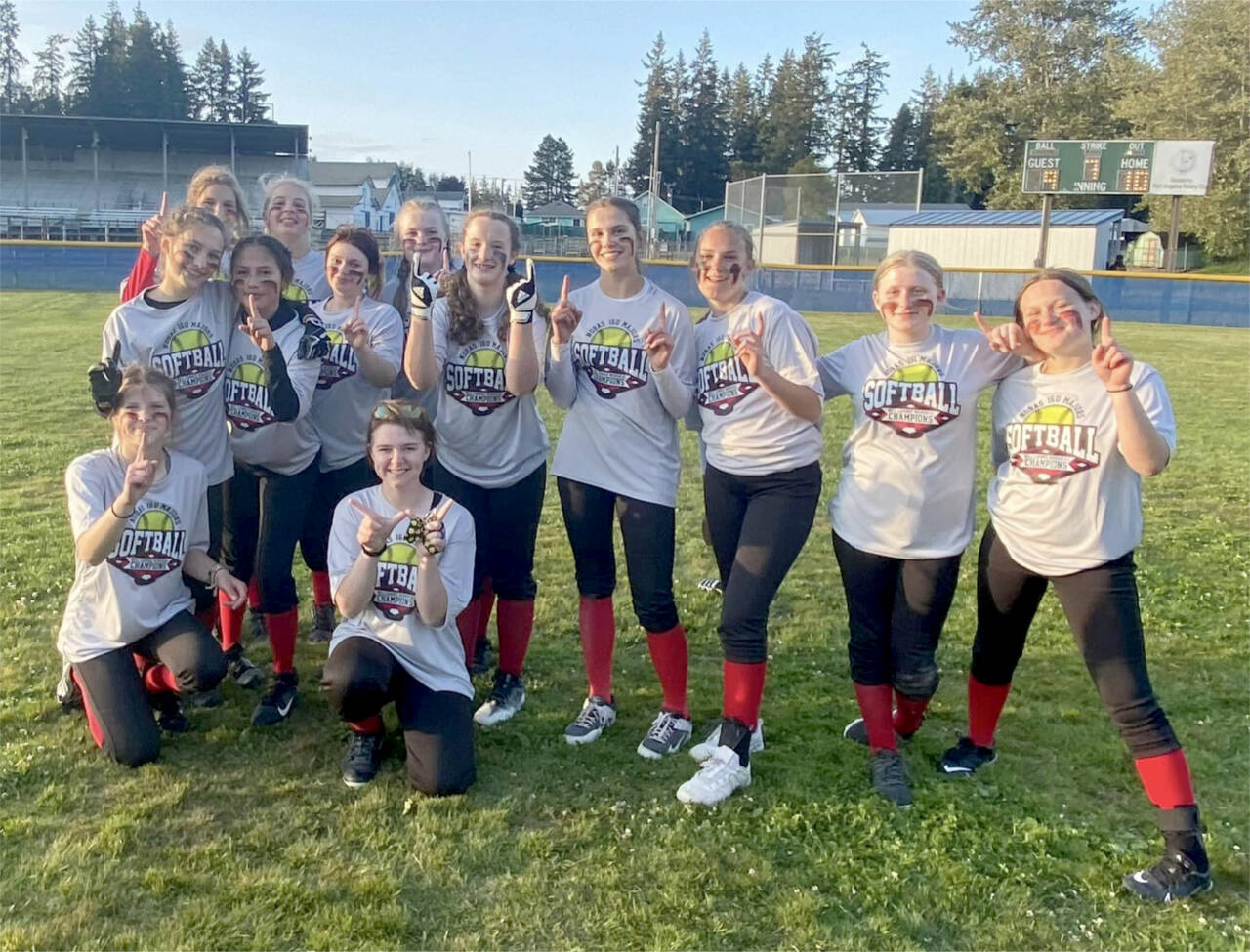 The KONP 16U girls won the Port Angeles city championship in a series of tournaments this weekend at Lincoln Park and Volunteer Park. From left, back row, are Jadyn McCabe, Bridget Weed and Evelyn Seelye. From left, middle row, are London Lyster, KK Eastman, Lilly’Mae Treider, Chloe Clark, Sophia Ritchie, Keira Headrick, Erika Osterberg and Harlie Larrance. From left, kneeling, are Brooke Pierce and Sam Marshall.