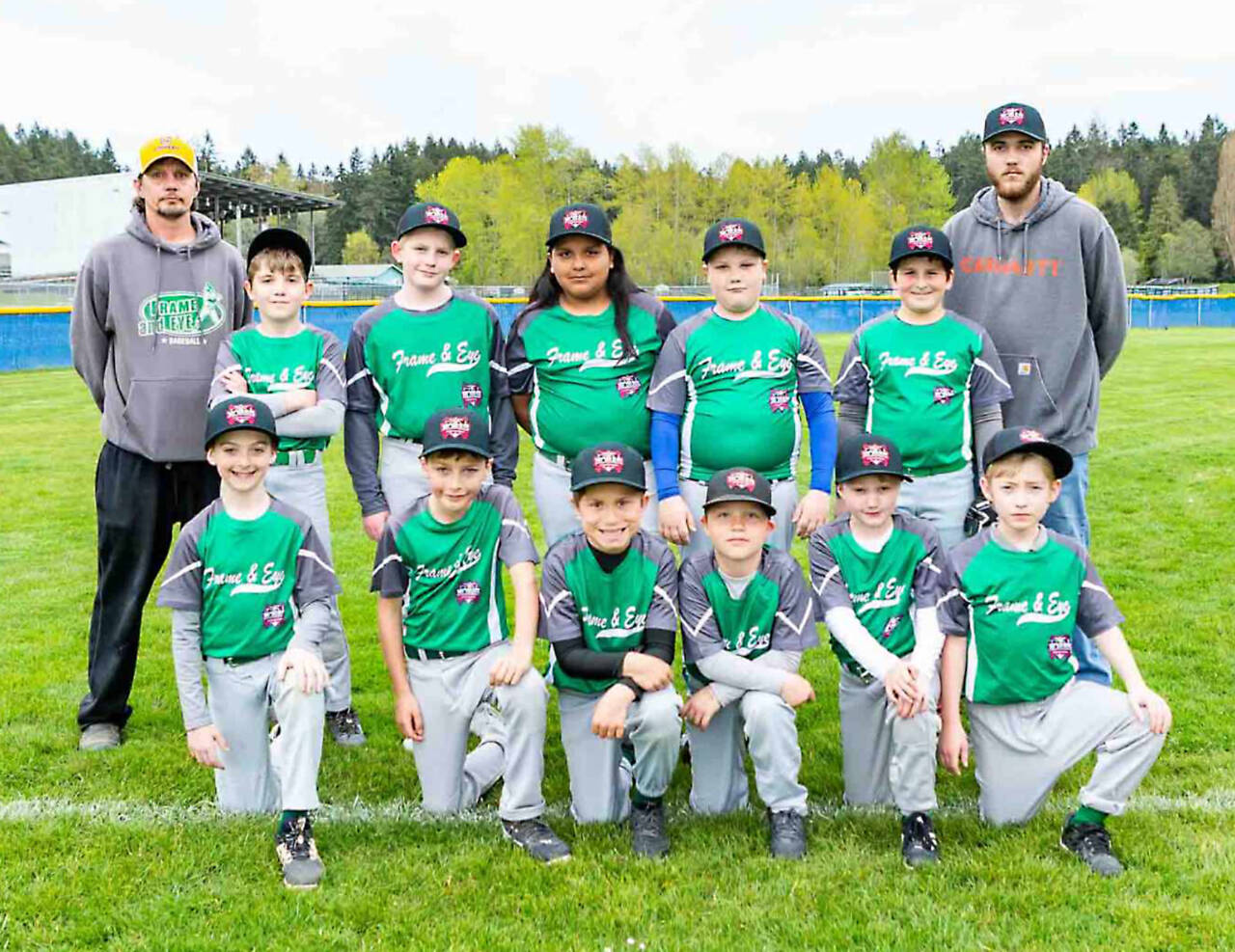 Frame & Eye were the champions of the Triple AAA tournament at the Port Angeles city championships this past weekend. From left, front row, are Daemon Kilmer, Brody Romero, Jacob Potter, Levi Palmer, Bently Mock and Brayden Diltz. From left, back row, are coach Ryan Sage, Robbie Palmer, Revein Kendall, Eaglevalley Zuniga, Kameron Palmer, William Campbell and coach Austin Sage. (Courtesy photo)