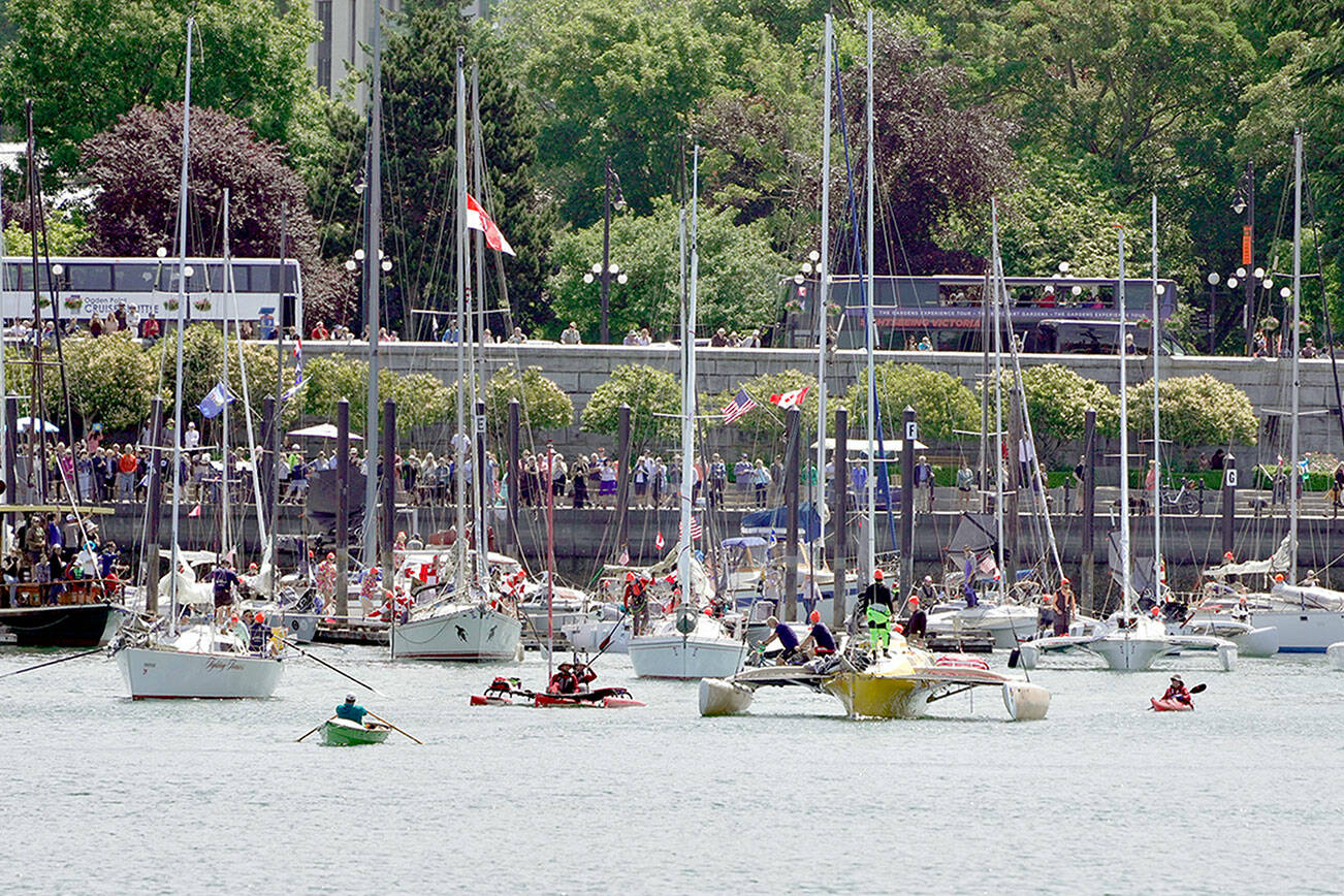 Steve Mullensky/for Peninsula Daily News

The cannon blast at noon on Thursday signaled the start of the 710 -ile leg of the 2023 Race2Alaska from Victoria’s Inner Harbour to Ketchikan, Alaska. Thirty-one boats, using sails, paddles or oars, left did a Le Mans type start from Government Street above the Harbour to their boats before the start of the race which got going in Port Townsend on Monday.