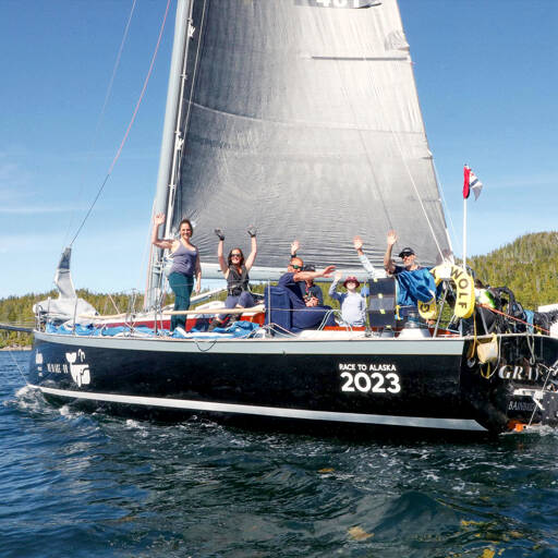 Team We Brake for Whales, currently in first place in the Race to Alaska, pulled into the checkpoint in Bella Bella, British Columbia, on Sunday. The team could reach the finish line in Ketchikan, Alaska, as soon as today. (Peter Geerlofs via Northwest Maritime Center)