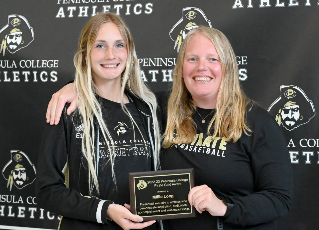 The Pirate Gold winner for women’s basketball was Port Angeles’ Millie Long, left, with her basketball coach Alison Crumb, who also was named the NWAC soccer Baden Player of the Year for 2022. Long won four league titles and an NWAC title for Peninsula College. (Peninsula College)