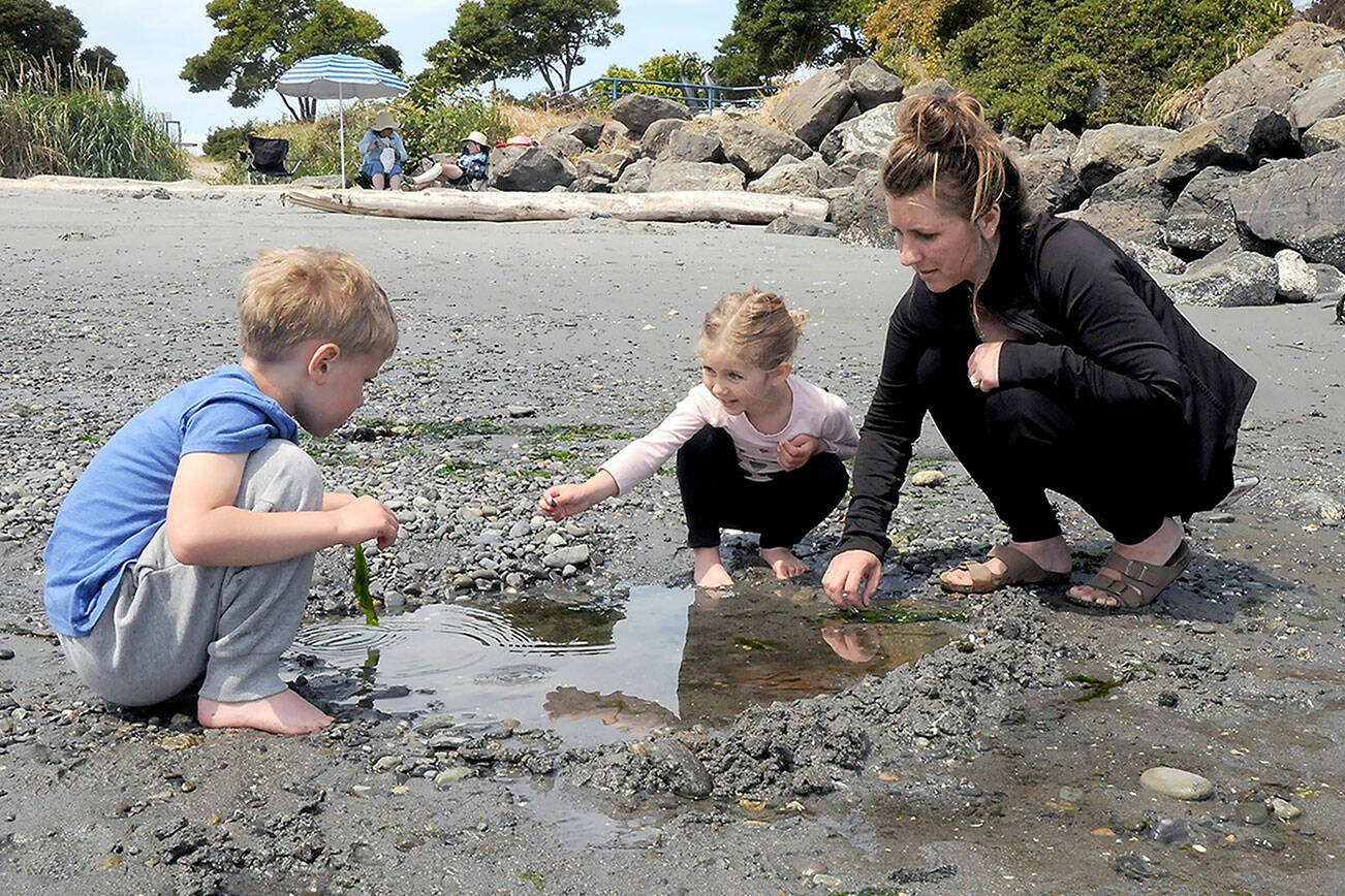 Jennifer Sargent of Port Angeles, right, and her children, Benson Sargent, 6, and Marlee Sargent, 4, examine a tidepool in search for marine life on Thursday at Hollywood Beach in Port Angeles. A minus 2.52-foot tide on Thursday provided ample opportunity for the family to explore areas normally below the surface of Port Angeles Harbor. (Keith Thorpe/Peninsula Daily News)
