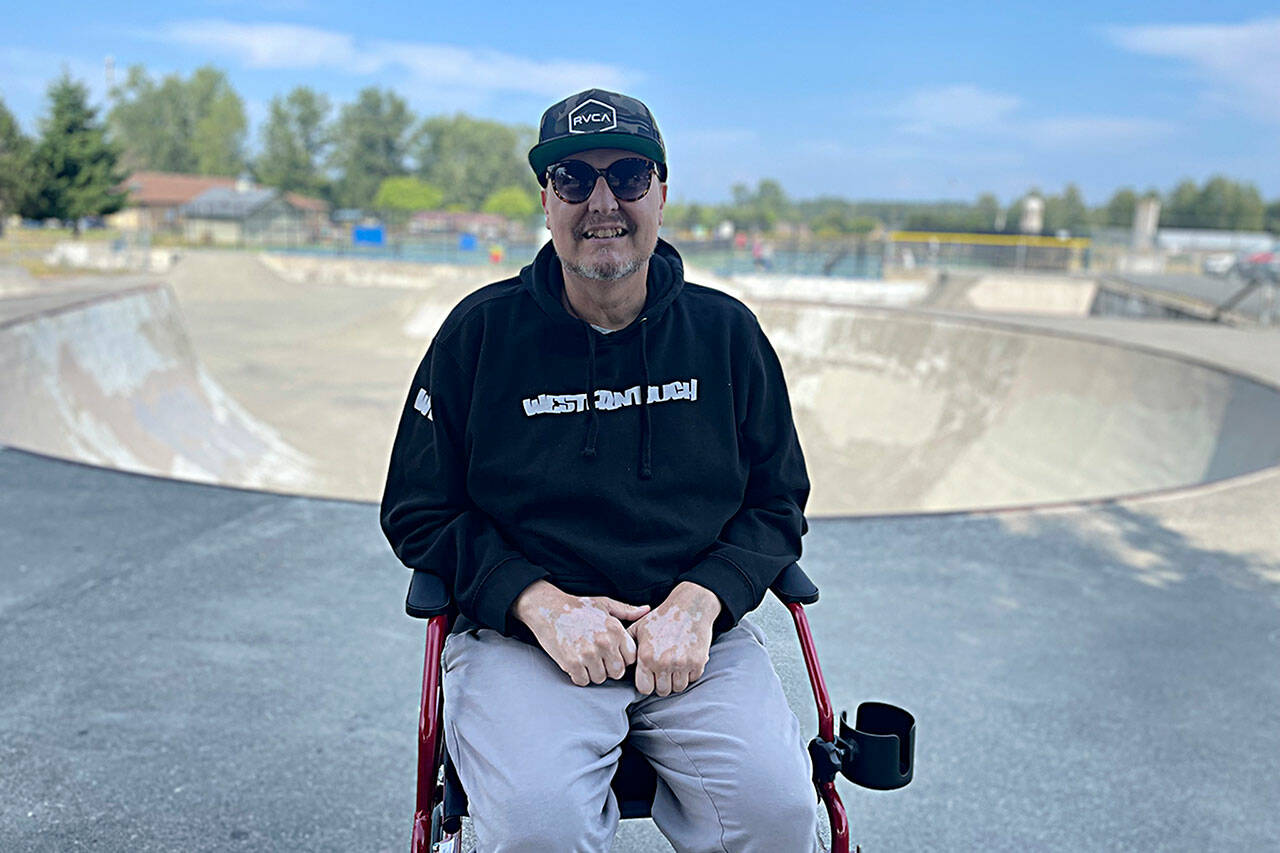 Sitting atop the Sequim Skate Park, Mark Simpson remains an advocate for skateboarding and remodeling the park for future generations as he says the sport continues to grow locally. He’s now battling cancer, and family and friends have created a gofundme account, and they plan a car wash on July 22 to help with medical expenses. (Matthew Nash/Olympic Peninsula News Group)
