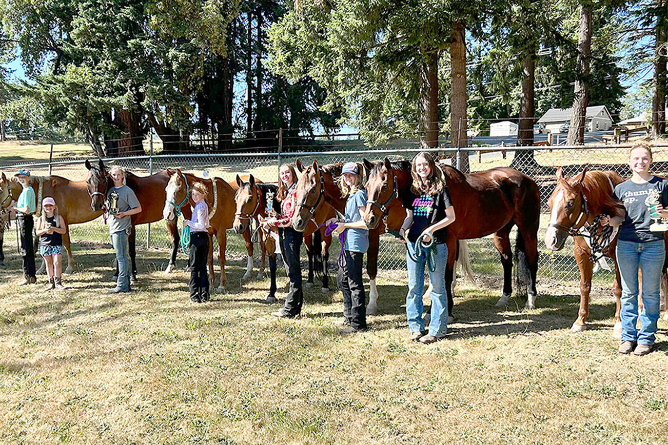 Photo by Katie Newton

Cutline: 4-H High Point winners from a show earlier this month which qualifies riders to compete at the Clallam County Fair’s horse show Aug. 17-20.

Left to right: Intermediate Champion Lila Tore;, Intermediate Reserve Champion Ellie Karjalainen; Helping Hands trophy Kinlee  Morris; Walk Trot Champion Elise Sirguy; Walk Trot Reserve Champion Grace Karjalainen; Games Champion Katelynn Sharpe; Senior Reserve Champion tied between Celbie, Karjalainen and Ava Hairell; Senior Champion Taylor Maughan. Not pictured is Games Reserve Champion Zakara Braun.