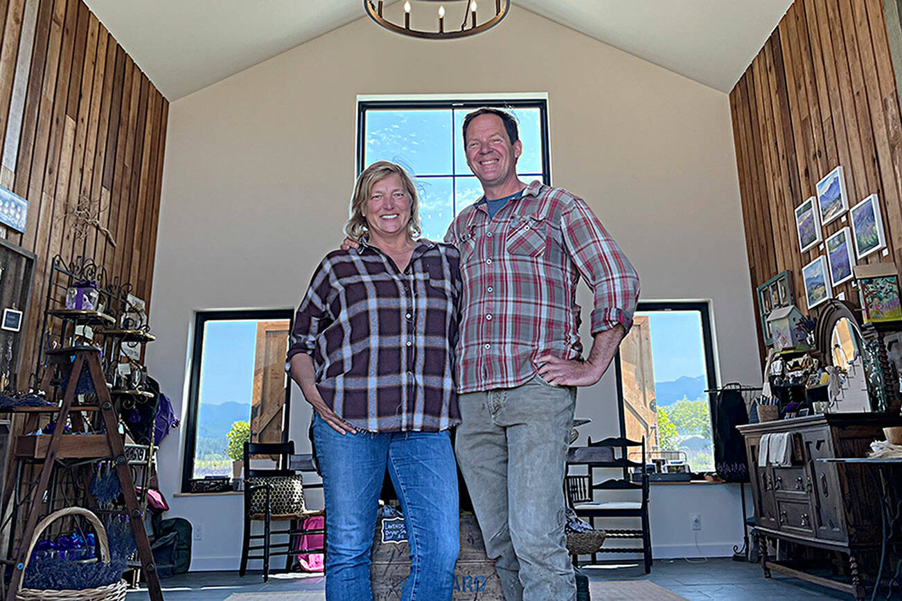 Ginger and Scott Wierzbanowski stand inside their lavender barn at Olympic Bluffs Cidery and Lavender Farm in Agnew. They’ve opened the lavender business for the first time this summer offering 30-plus lavender products. They’ll tentatively being operating their cidery in late summer. (Matthew Nash/Olympic Peninsula News Group)