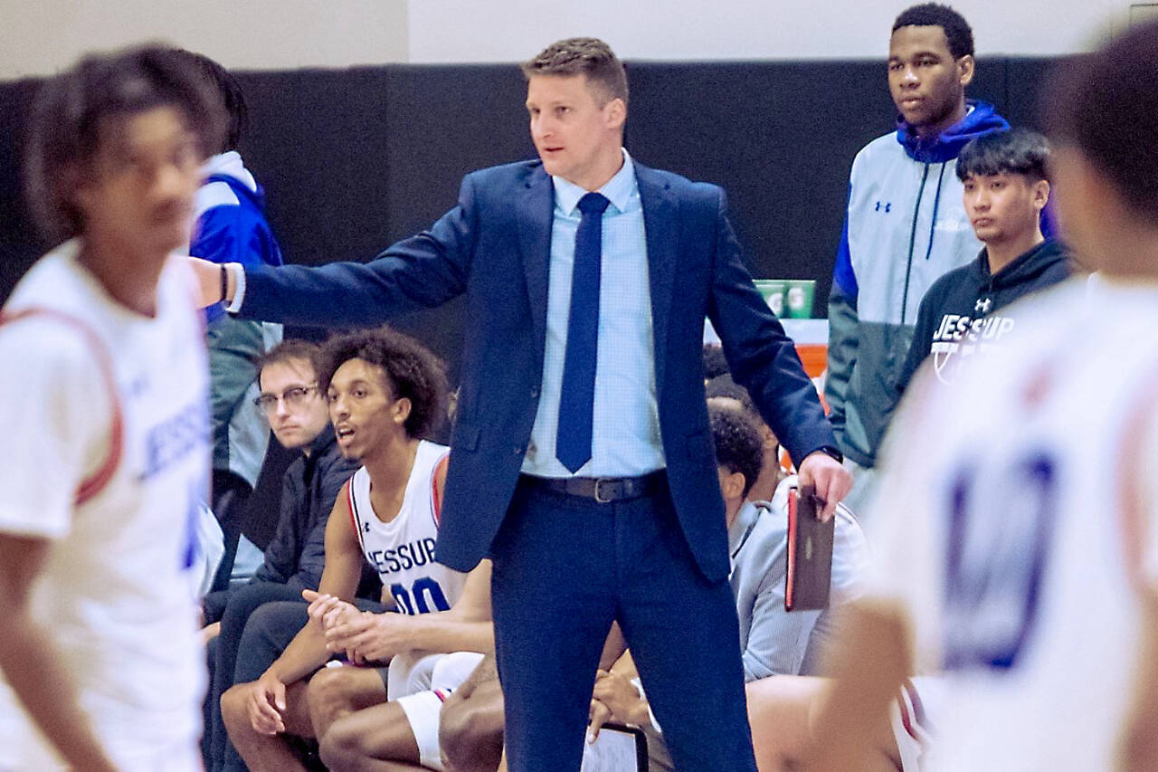 Bryce Jacobson, a former Peninsula College player and member of the 2011 NWAC champion Pirates, was hired as the new men's head coach for Peninsula. Here, he is coaching at William Jessup University in Rocklin, Calif. (Courtesy photo)