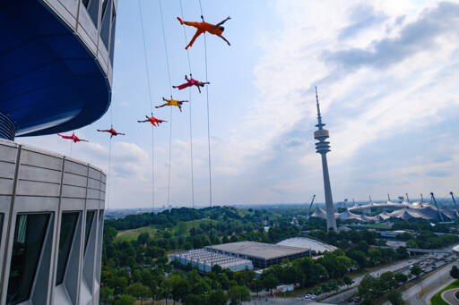The dancers of BANDALOOP, pictured in Munich, Germany, will come to Port Angeles to perform on Field Arts & Events Halls north exterior wall this Saturday. (Basil Tsimoyianis/BANDALOOP)