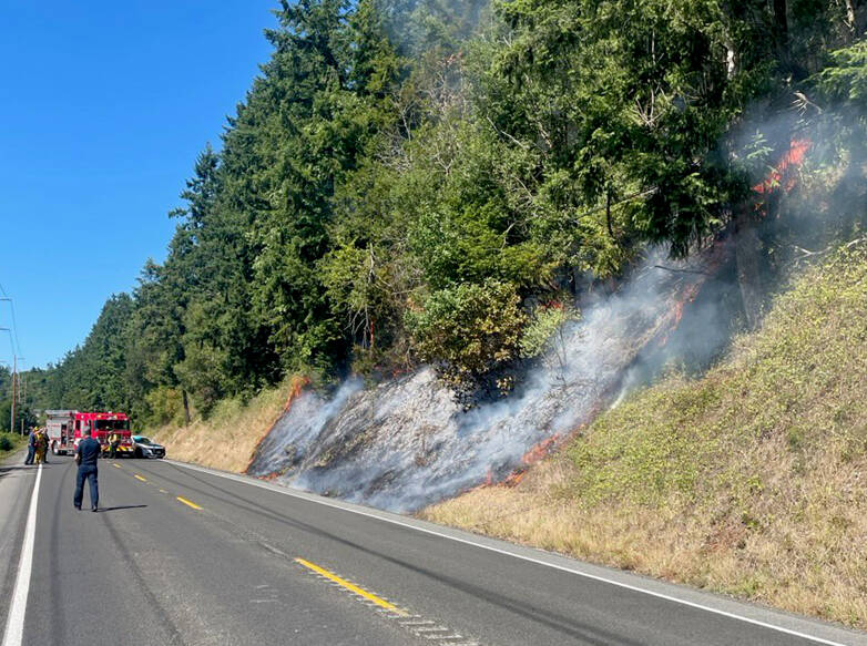 Residents in about six homes have been advised to evacuate as a growing brush fire burns along state Highway 19 near Chimacum. (Washington State Patrol)