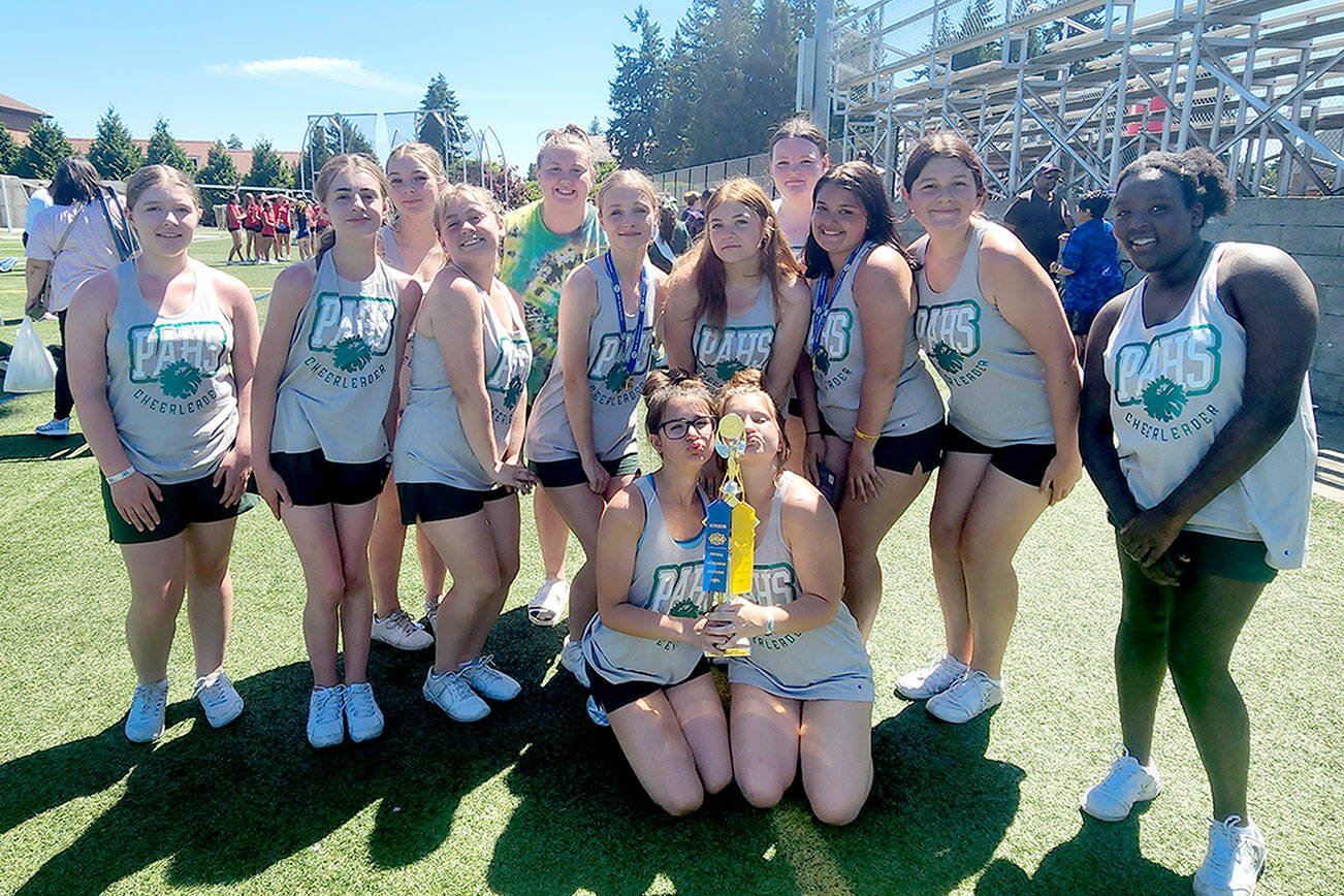 The Port Angeles High School Cheer program earned first place in the Cheer Small Varsity Division and also was awarded a spirit stick for their hard work at Universal Cheerleaders Association camp at University of Puget Sound in July. Team members are: Abby Cuellar, Addisen McNeece, Ailey Thibeault, Anna Possinger,  Ava Fox, Ella Garcelon, Hannah Martin, Jordyn Erdmann, Julia McDonald, Madison Bishop, Mylee Soiseth, Naomi Wait, Tish Hamilton. The Riders are coached by DaLasa Doane.
